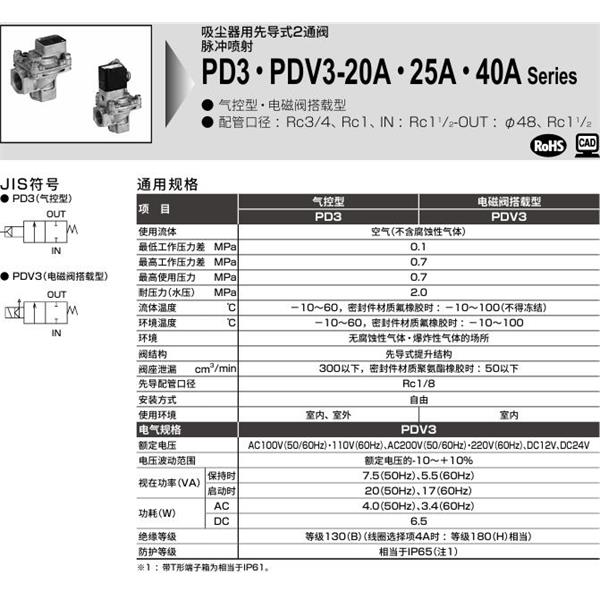 CKD喜開理脈沖噴射閥PDV3-40A-2E-AC100V