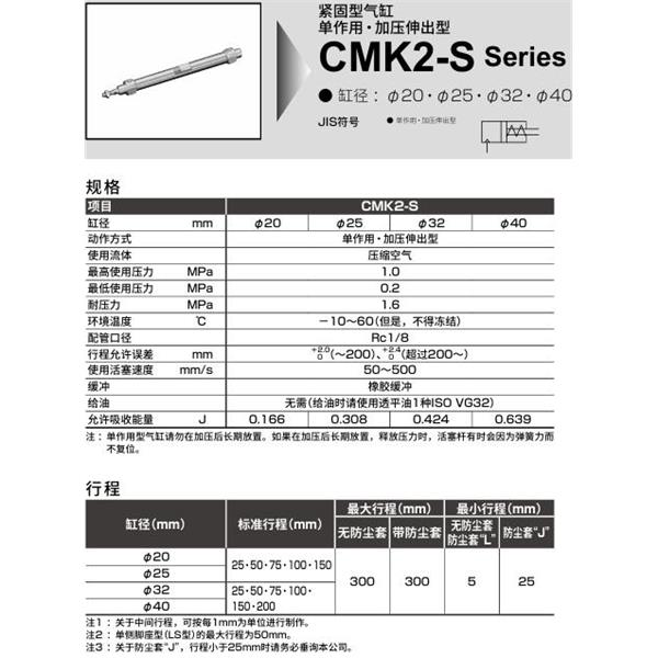 CKD喜開(kāi)理緊固型氣缸CMK2S-CA-20-100-T0H-R-JI