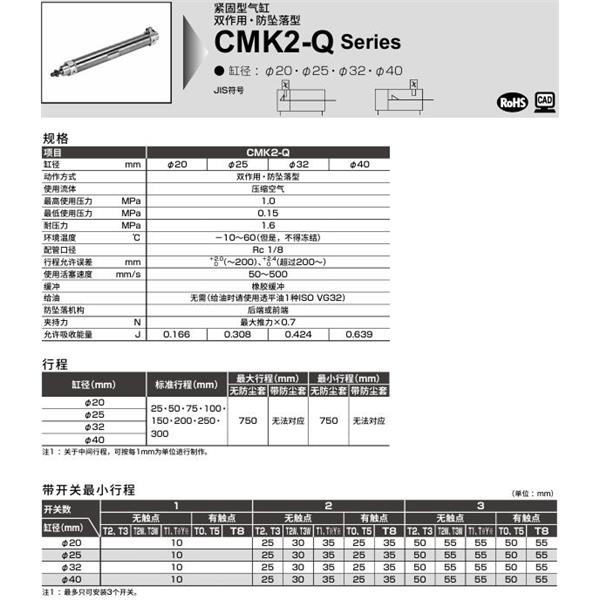 CKD喜開(kāi)理緊固型氣缸CMK2-Q-CB-40-100-R-MI