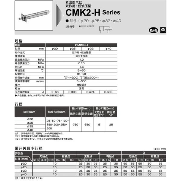 CKD喜開理緊固型氣缸CMK2-H-CA-40-100-T0H-R-JI