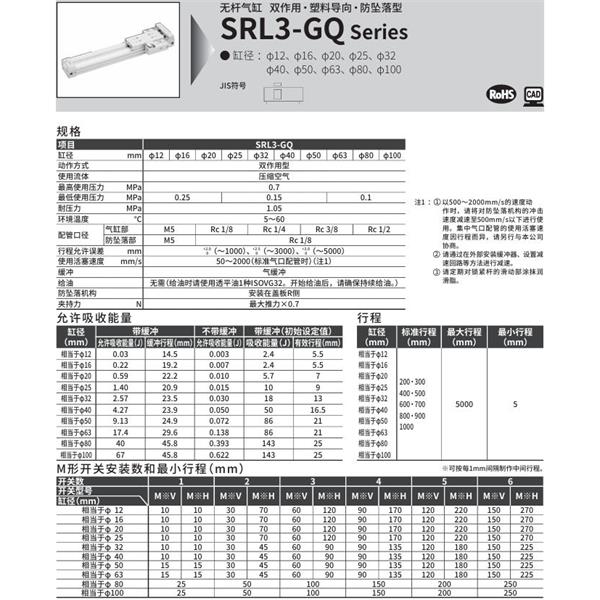 CKD喜開理超級無桿氣缸SRL3-GQ-00-80B-200-B