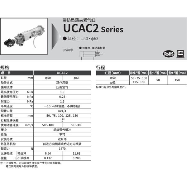 CKD喜開理帶防墜落夾緊氣缸UCAC2-B-63NN-50N-B-T2H-DB-Y1